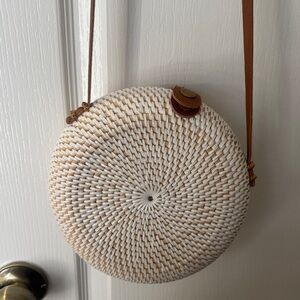 Round White and Tan Woven Crossbody Bag